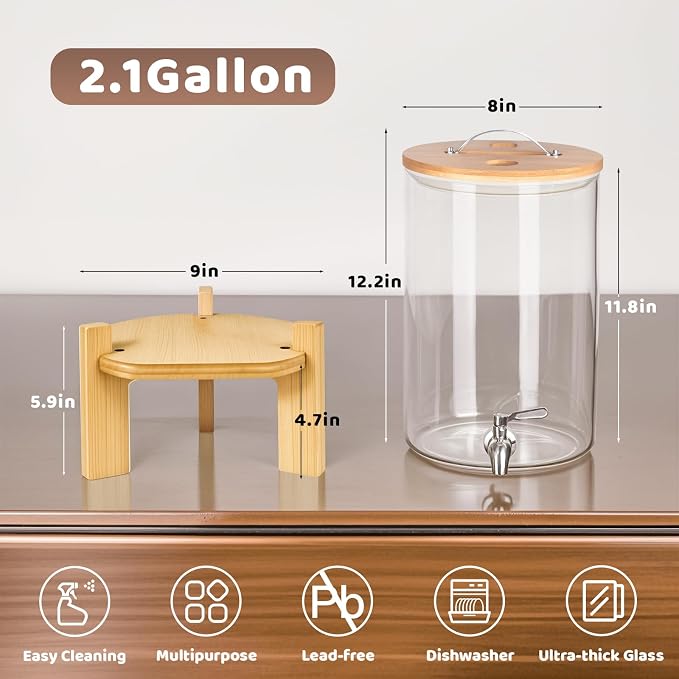Beverage Dispenser 2.1 Gallon, Glass Drink Dispenser - Image 3