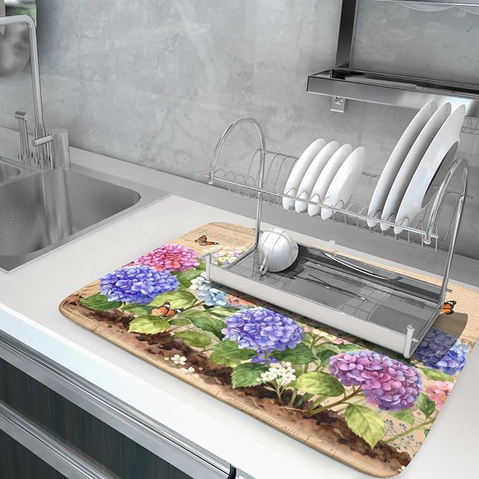 Vintage Flowers Dish Drying Mat Large 24 X18 Hydrangea Microfiber Drying Matt - Image 5