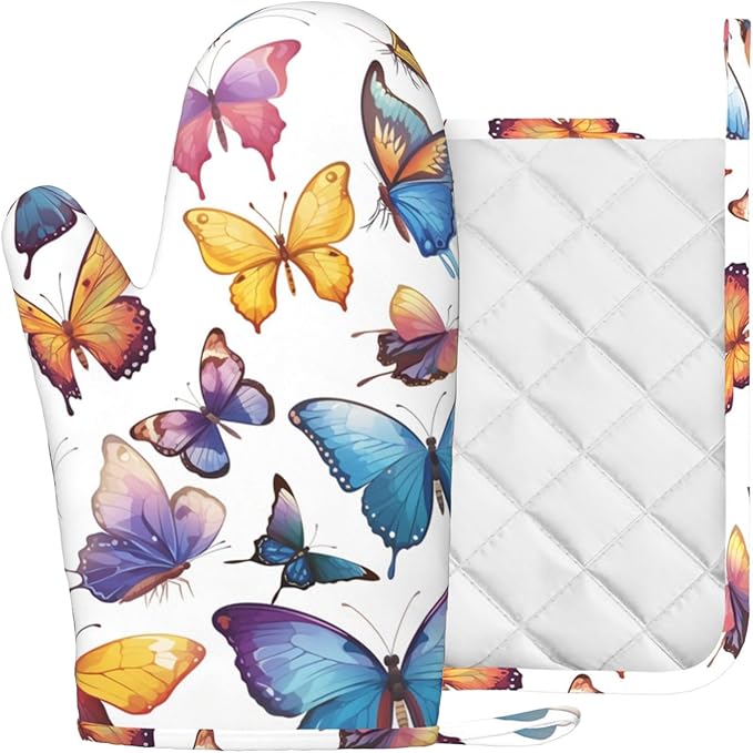 Colorful Butterflies Heat-Resistant Oven Mitts and Pot Holder Kitchen Non-Slip - Image 2