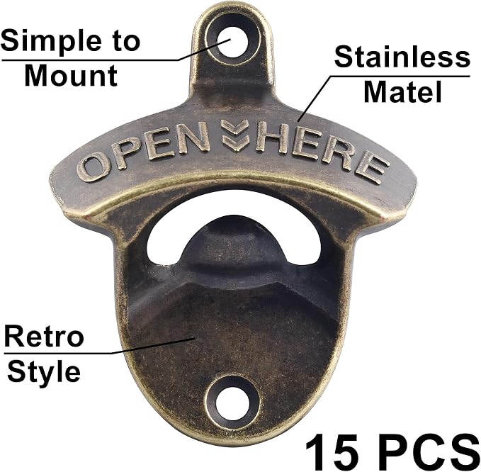Rustic Wall Mount Bottle Opener, Vintage Brass Bulk Beer Opener Mountable - Image 2