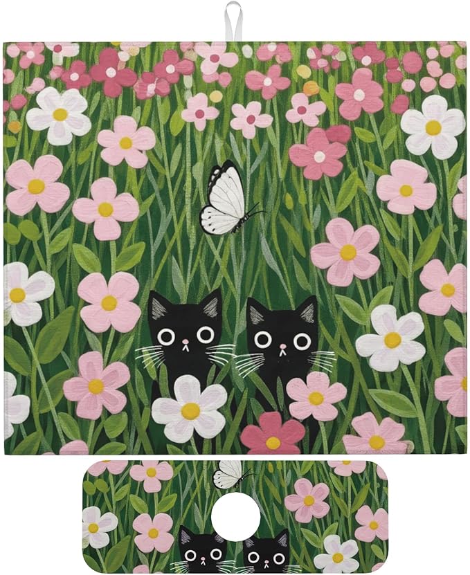 Pink Floral Cat Dish Drying Mat by Unknown