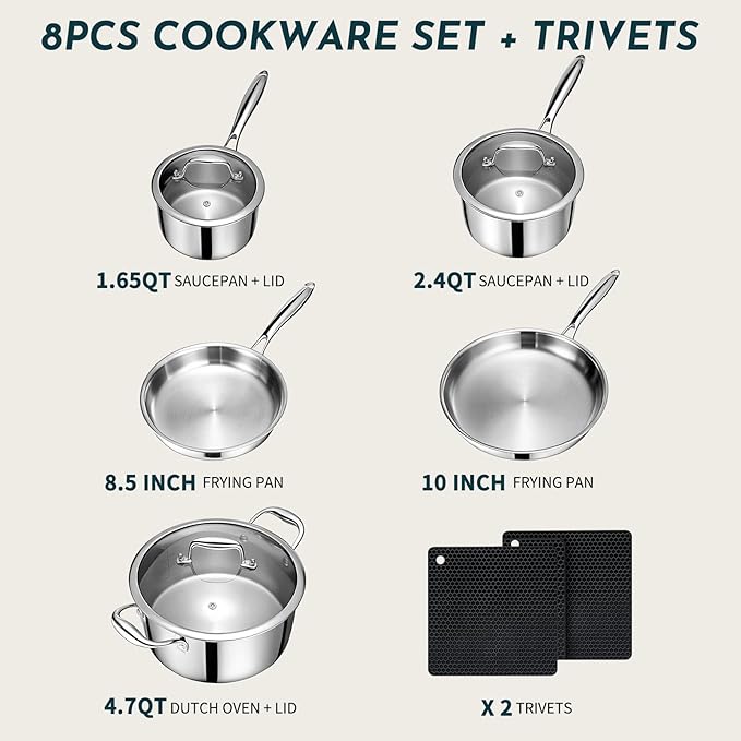 3 Ply Stainless Steel Cookware Set, AIVIKI 10-Pieces Pots and Pans Set - Image 2