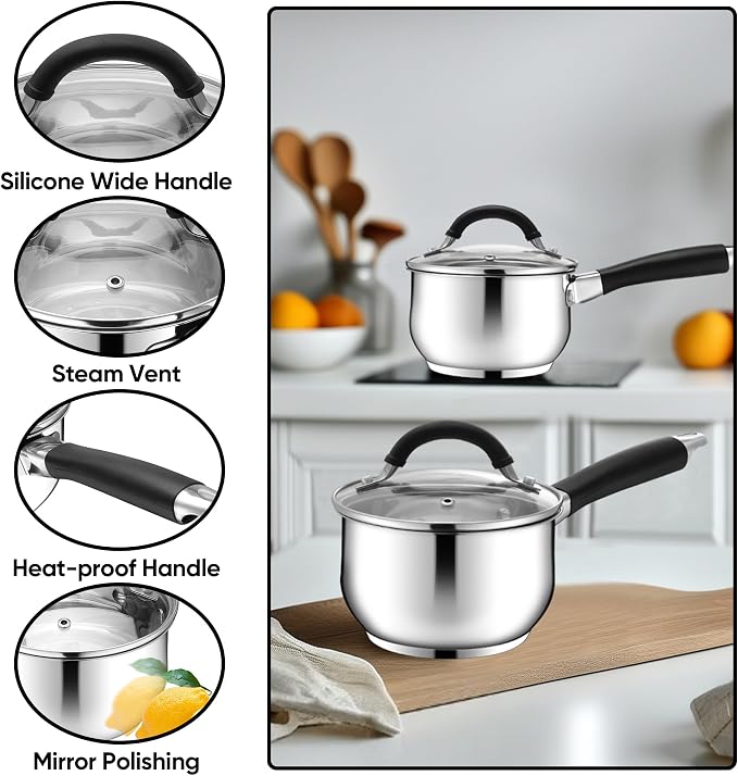 E-far 1 Quart Sauce Pan with Lid, Tri-Ply Base Stainless Steel Small Saucepan - Image 4
