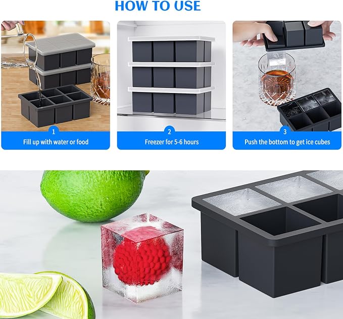 Large Ice Cube Tray for Whiskey 3 Pack, HANCELANT Big Silicone Square Ice Cube - Image 5