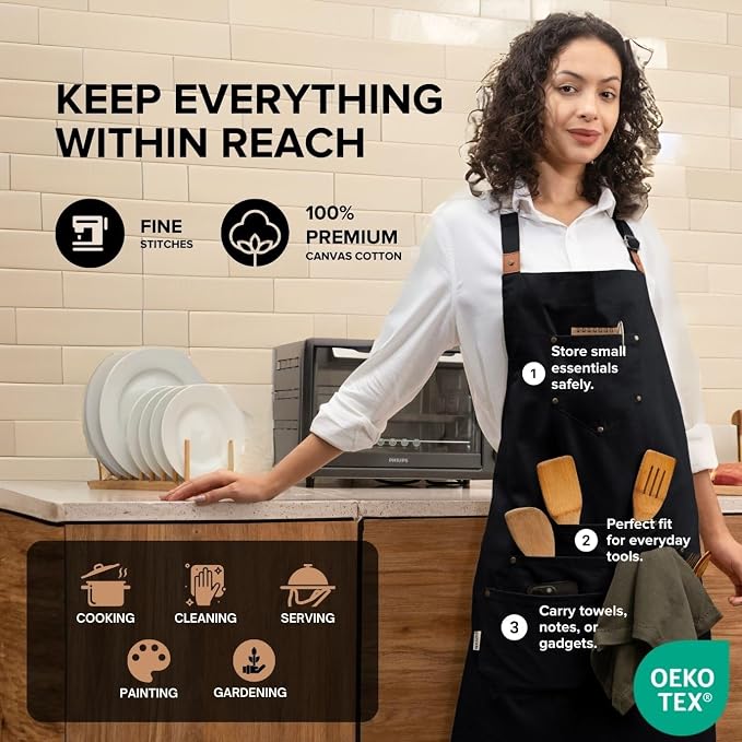 Cotton Canvas Apron for Women & Men – Adjustable Neck Strap & Waist Ties - Image 3