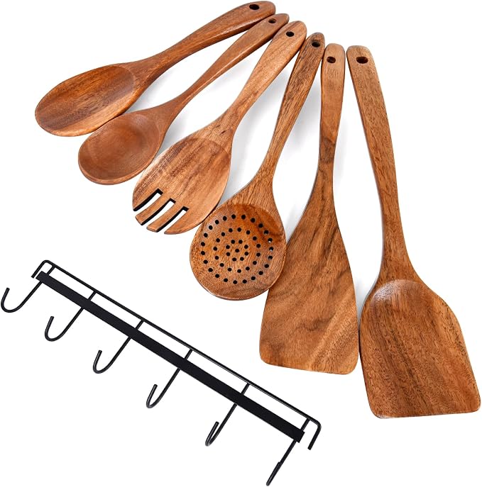 6x Large Wooden Spoons for Cooking Kitchen Utensil Set Smooth Finish Wooden by EBIEFLY