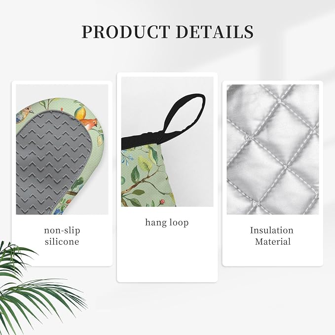 Bird Oven Mitts and Pot Holders Sets 3PCS, Floral Botanical Print Silicone Oven - Image 3