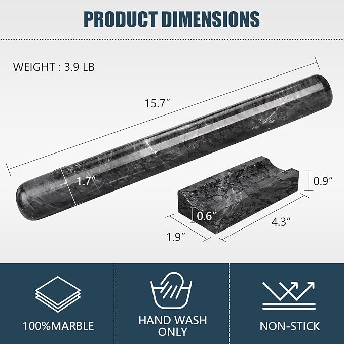 Marble Rolling Pin with Stand, 15.7" Black Stone French Heavy Polished Non - Image 2