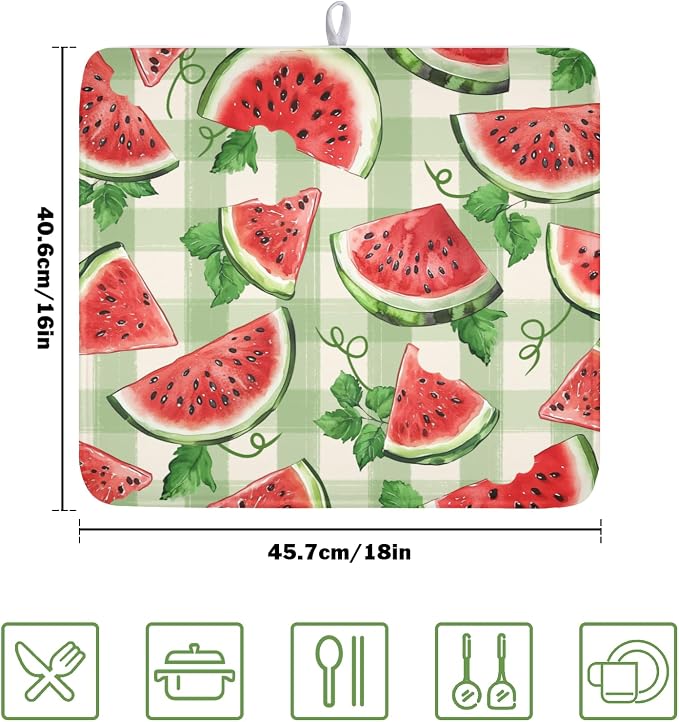 Summer Dish Drying Mat for Kitchen Counter Watercolor Watermelon Green Buffalo - Image 2