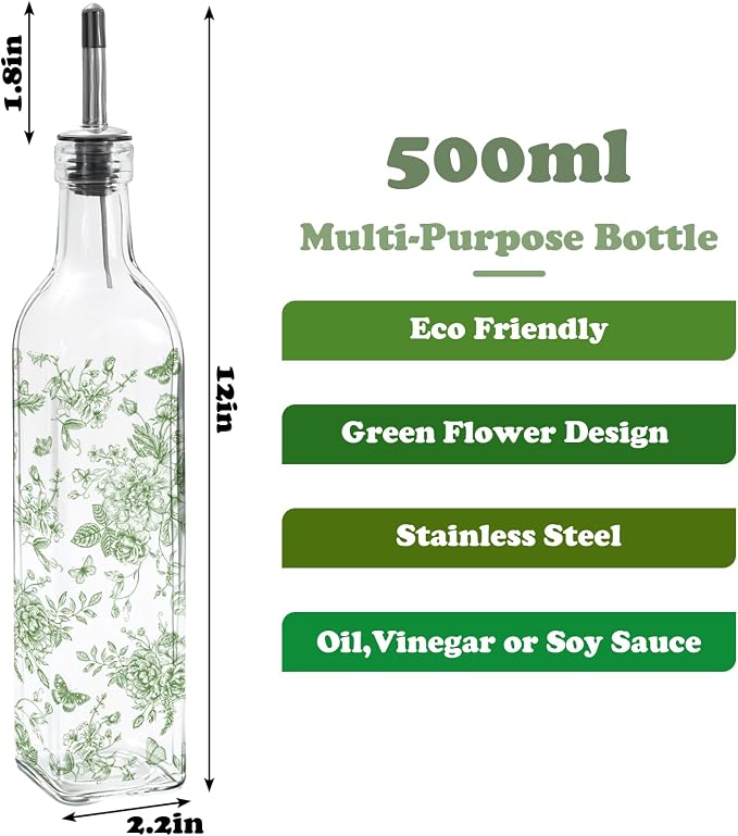 JarThenaAMCS Chinoiserie Olive Oil Dispenser Bottle Green Floral Glass Cruet - Image 2