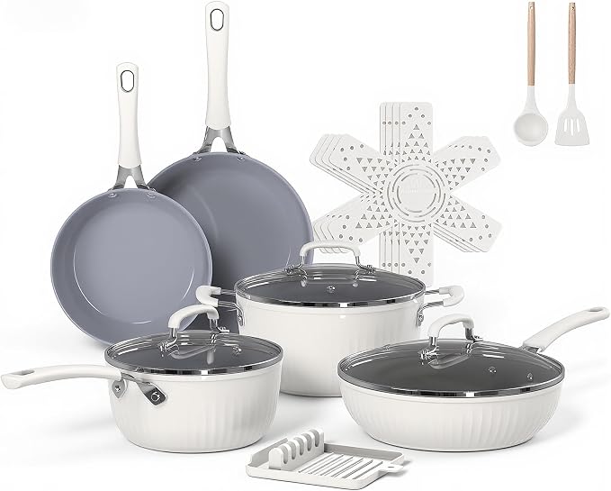 Ammeloo 15-Piece Ribbed Ceramic Cookware Set, Pots and Pans Set Non Stick by Unknown