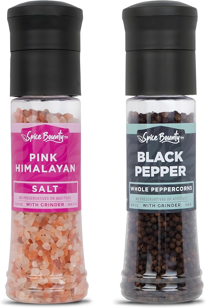 Spice Bounty Pink Himalayan Salt 12.9 oz and Whole Black Pepper 5.8 oz Grinder by JaybeesNutsDriedFruit