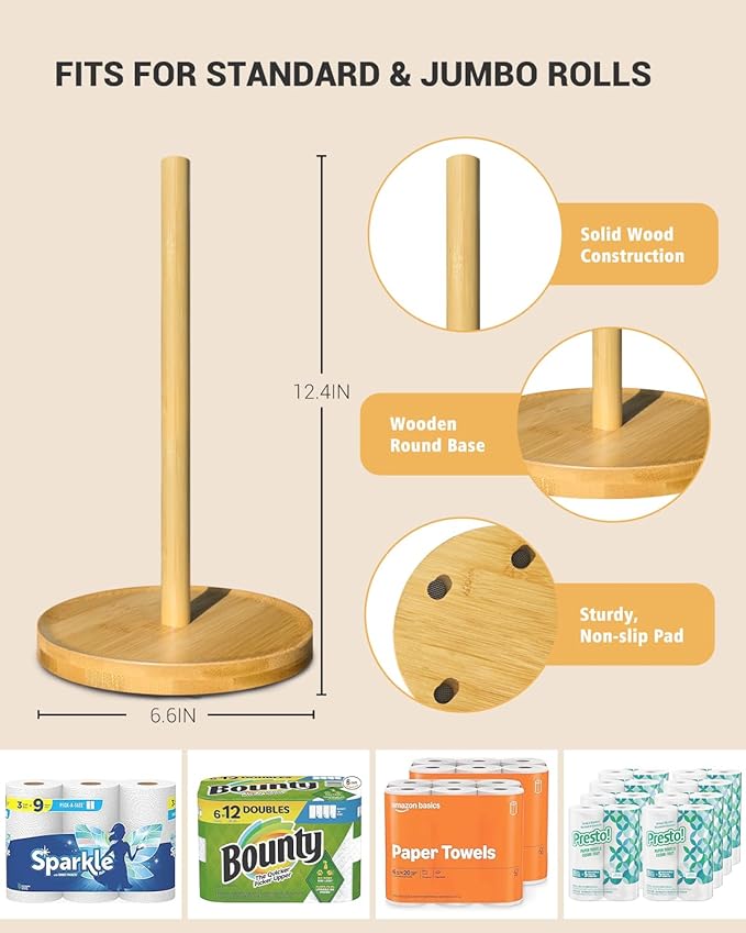 NESAPTO Paper Towel Holder Countertop, Wooden Freestanding Paper Towel Stand - Image 3