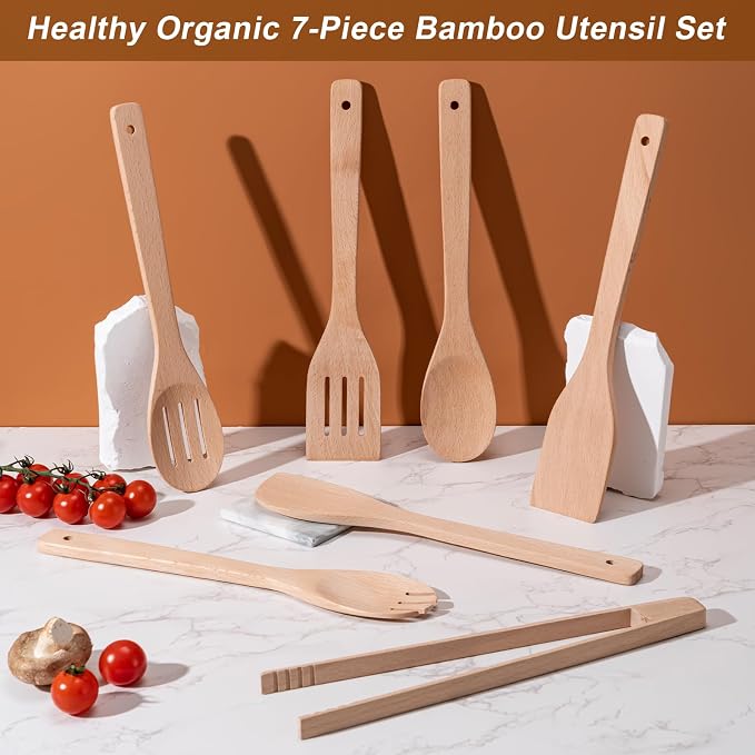 Eisinly Wooden Spoons for Cooking 7-Piece, Kitchen Nonstick Wood Cooking - Image 3