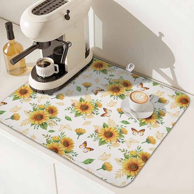 Sunflower Dish Drying Mat for Kitchen Counter Summer Yellow Floral Microfiber - Image 7