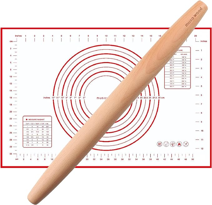 Muso Wood French Rolling Pin and Silicone Baking Mat Set, 15.75 Inch Beech Wood by Musowood