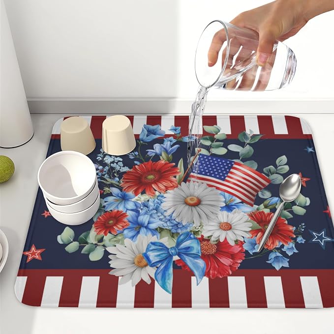 4th of July Dish Drying Mat for Kitchen Counter Patriotic Red Blue and White - Image 6