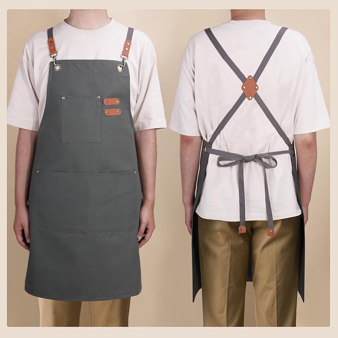 Chef Aprons for Men Women with Large Pockets, Cotton Canvas Water Repellent - Image 4