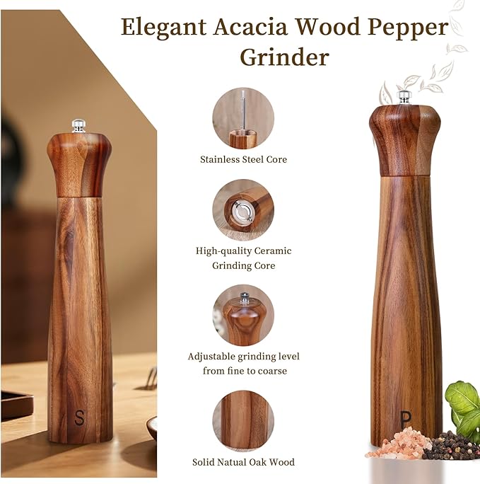 Haomacro 2 Pack 10 Inch Acacia Wooden Salt and Pepper Grinder Set, Manual Salt - Image 6