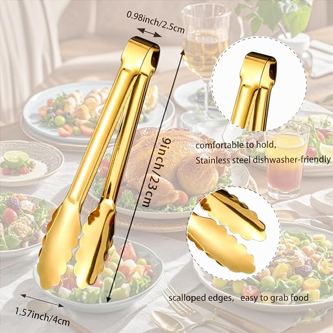 6pcs Stainless Steel Serving Tongs Gold or Silver Plated 9inch Heavy Duty - Image 3