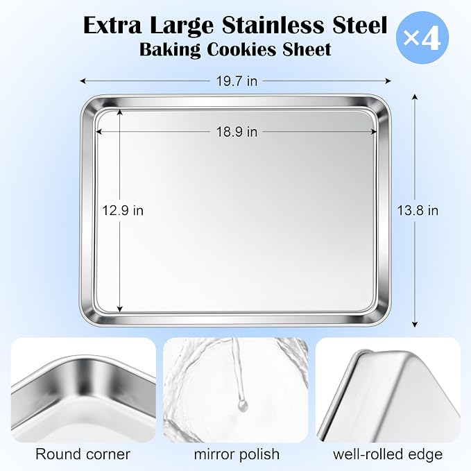 E-far Large Baking Sheets Set of 4, 20”x14” Stainless Steel Cookie Sheet Pans - Image 2
