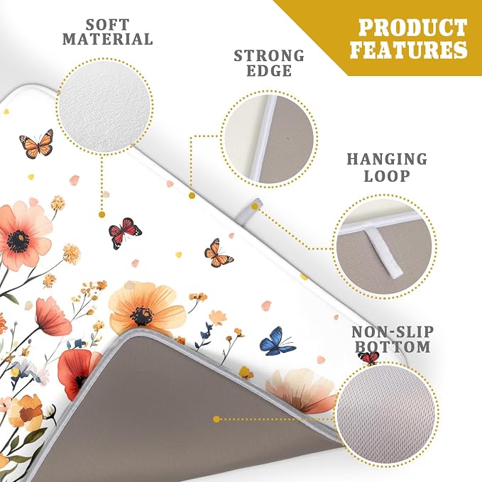 Poppy Flower Dish Drying Mat 18x24 Inch Floral Leaves Dish Drainer Protector - Image 4