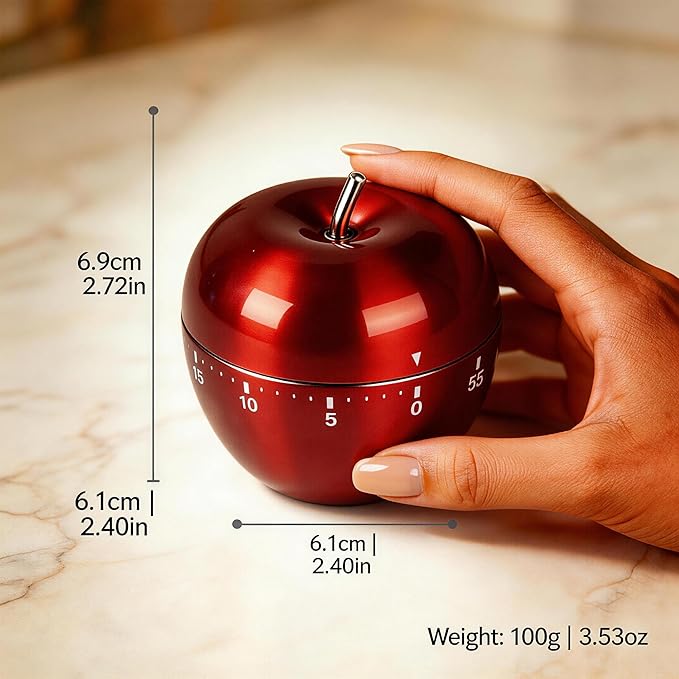 Stainless Steel Apple Kitchen Timer, Mechanical 60-Minute Manual Countdown - Image 2