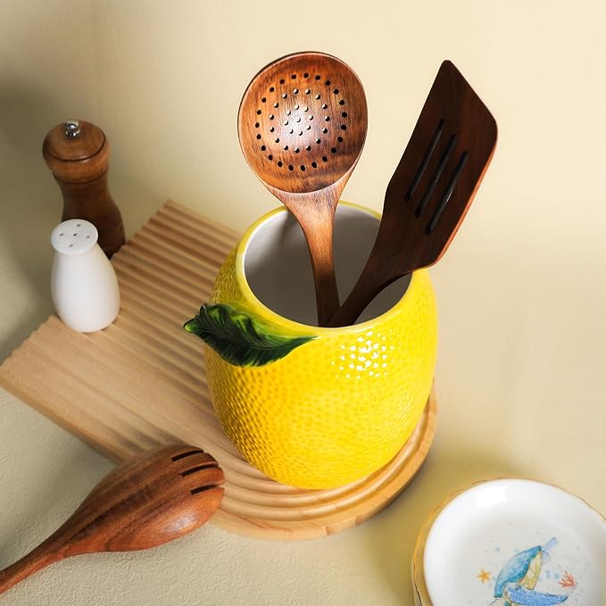 Lemon Shaped Ceramic Kitchen Utensil Holder, Large Cooking Utensil Crocks - Image 6