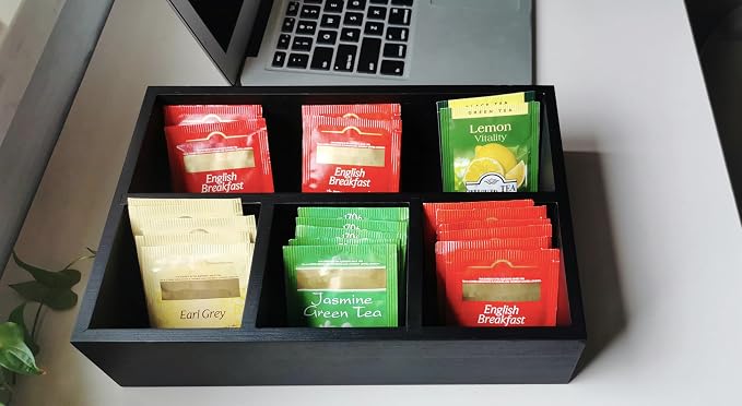 Tea Bag Organizer Wood Black, 4 Compartments Tea Bag Holder, Large Capacity - Image 9