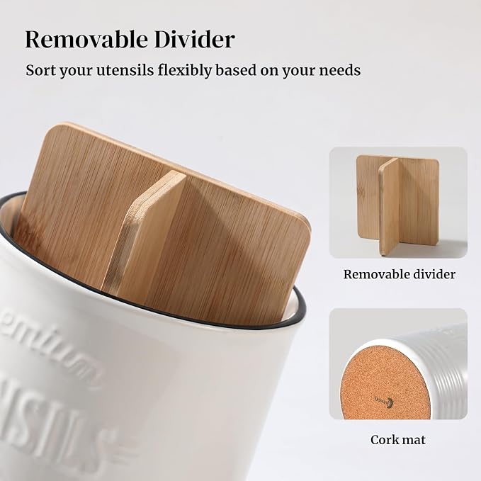 DOWAN 3 Compartment Kitchen Utensil Holder, 7.2″ Extra-Large Ceramic Stable - Image 2