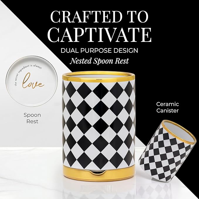 STYLED SETTINGS Black & White Checkered Utensil Holder Set – Large Ceramic - Image 2