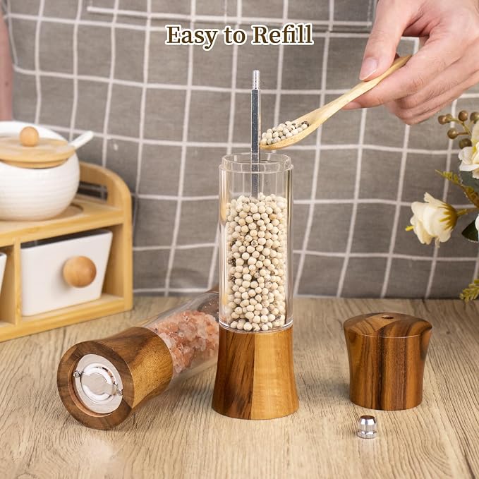 XWXO Acacia Wood Premium Acrylic Salt and Pepper Grinder Set 8 Inches Salt and - Image 7