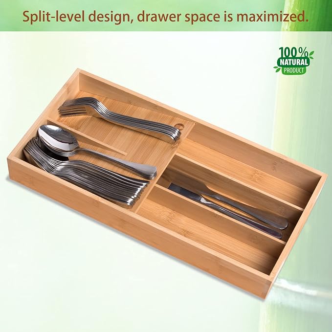 guiogc Bamboo Silverware Organizer, Kitchen Silverware Drawer Organizer - Image 3