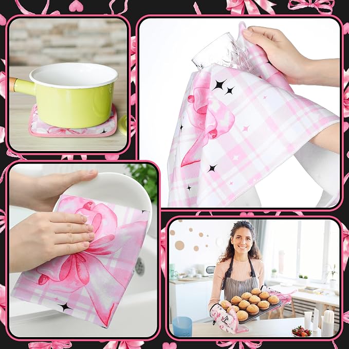 Fourluoo 10 Pcs Bow Kitchen Dish Towels Rugs Oven Mitts and Pot Holders Set - Image 6