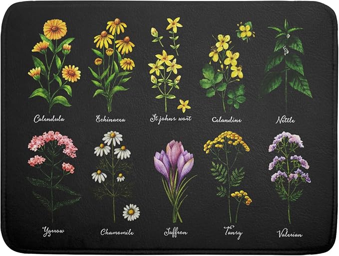 Black Flower Herbs Dish Drying Mat 18x24 Inch Botanical Floral Microfiber by Giwawa