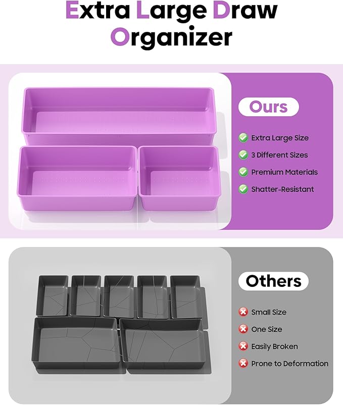 10 Pack Large Size Plastic Drawer Organizers Set, 3 Sizes Desk Drawer Organizer - Image 3