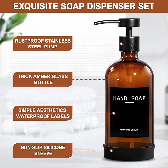 RYTOXILO Hand Soap Dispenser for Bathroom 2 Pack, Amber Glass Soap Dispenser - Image 3
