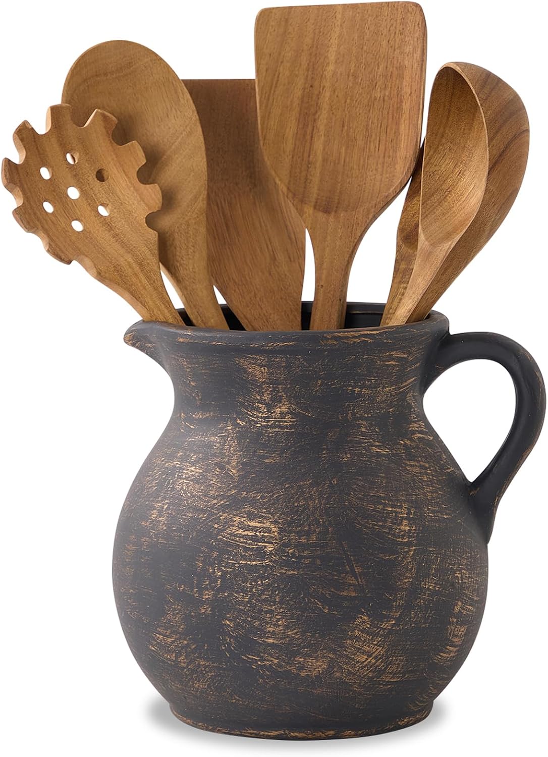 MIYUKI Rustic Kitchen Utensil Holder - 7.6 Inch Ceramic Utensil Crock
