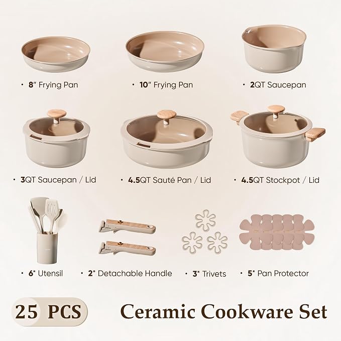 CAROTE 25 Pcs Ceramic Cookware Sets, Pots and Pans Set Non Stick, Detachable - Image 2