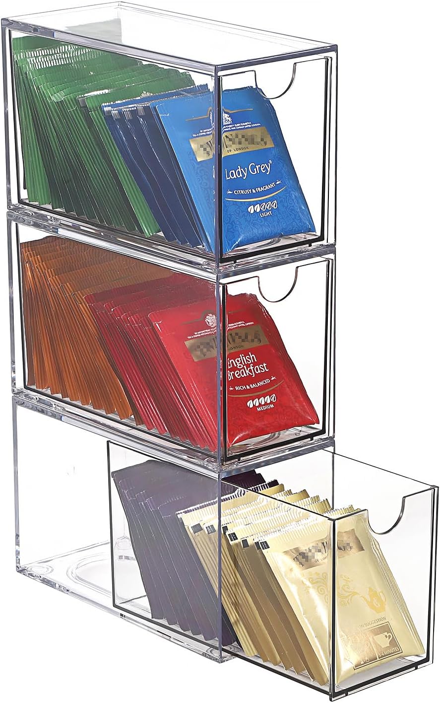 ELLDOO 3 Drawers Tea Bag Organizer, Clear Acrylic Stackable Tea Bag