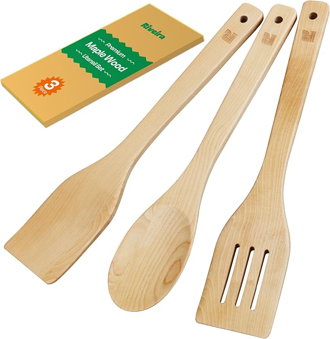 Riveira Maple Wooden Spoons for Cooking Set of 3 – Natural Maple Wooden Cooking by Riveira