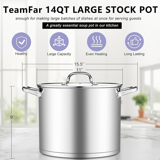 TeamFar Stainless Steel Stock Pot, 14QT Tri-ply Bottom Stockpot Large Cooking - Image 2