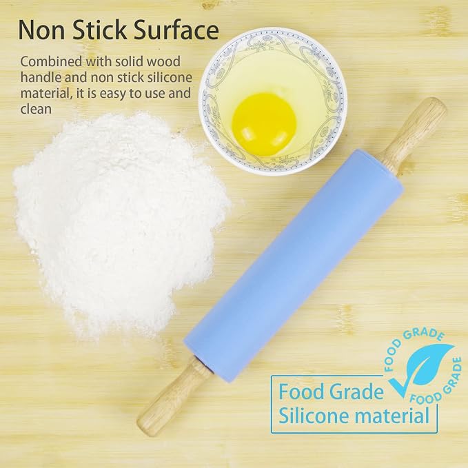 Silicone Rolling Pin for Baking Non-stick Rolling Pin Dough Roller Wooden - Image 4