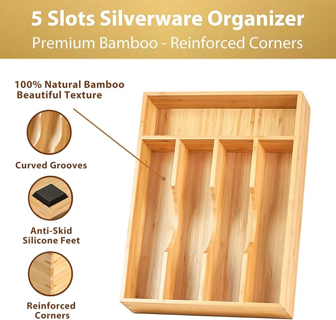 Umilife Bamboo Kitchen Drawer Organizer, 9 Inch Silverware Utensils Tray Holder - Image 2