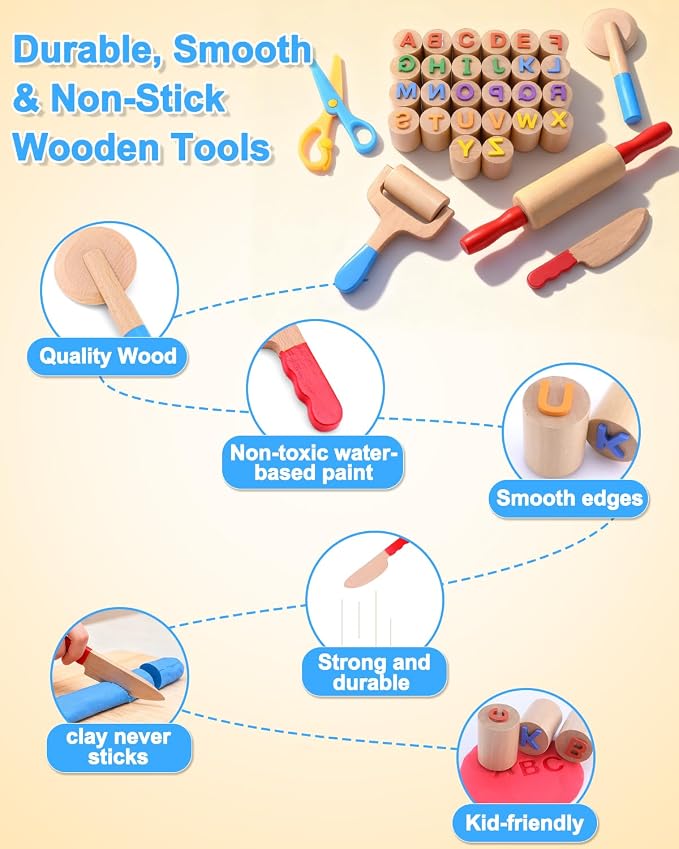 Wooden Dough Tools Kit for Kids, Dough Accessories - Image 4