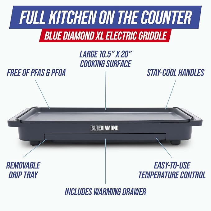 Blue Diamond 20” x 10.5” Extra Large Electric Griddle, Healthy Ceramic Nonstick - Image 3