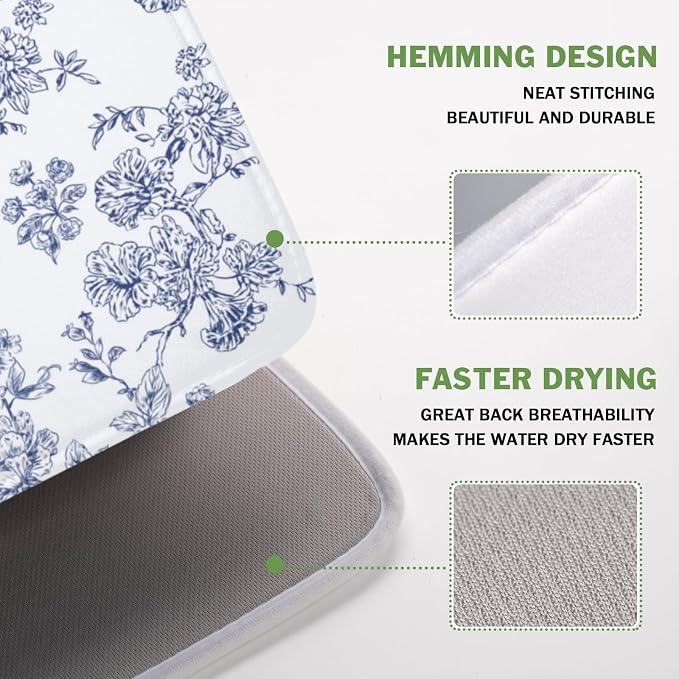 Blue Floral Dish Drying Mat for Kitchen Counter Chinoiserie Flower Microfiber - Image 4