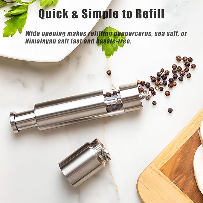 Salt and Pepper Grinder Set, Pump & Grind Peppermill, 2 Refillable Stainless - Image 4