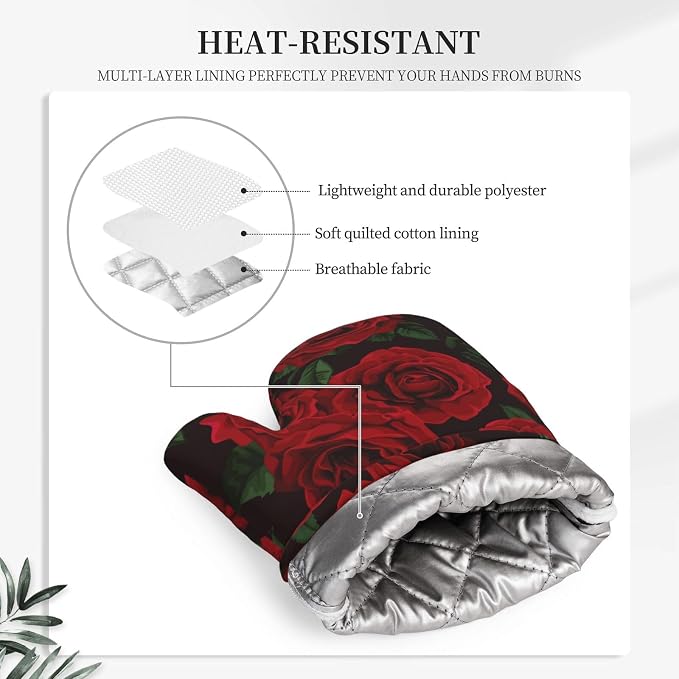 Red Black Rose Flower Oven Mitts and Pot Holders Sets of 4, Heat Resistant - Image 3