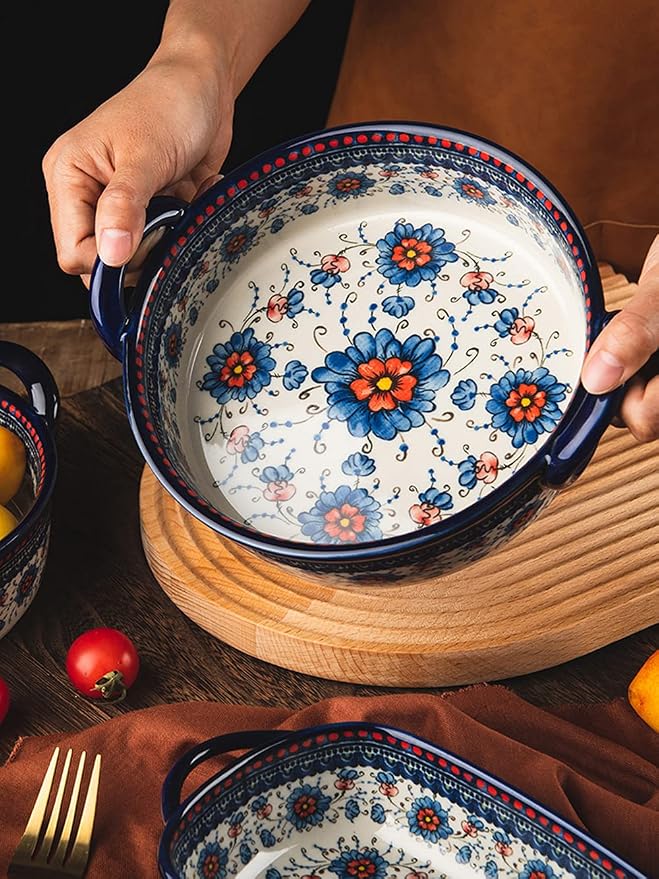 Blue and Orange Flower Vintage Style Ceramic Bakeware Casserole Lasagna Pans - Image 3